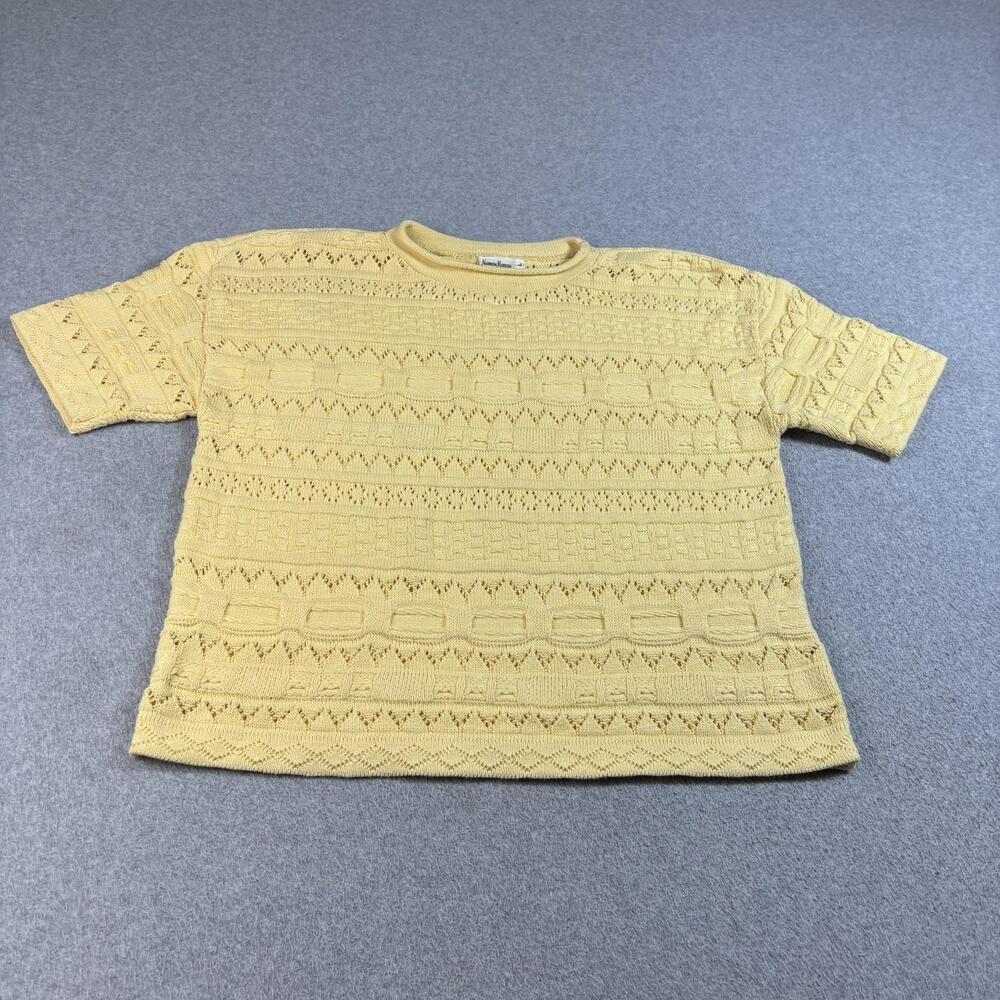 Neiman Marcus Sweater Women Large Yellow Open Knit Short Sleeve Lightweight USA